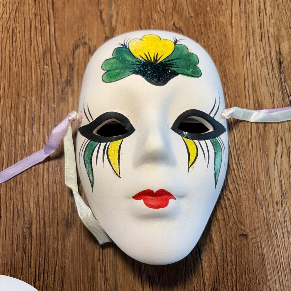 Vintage Hand Painted Ceramic Harlequin Masks Set of 3 Glitter Ribbon Decor 5.5in
